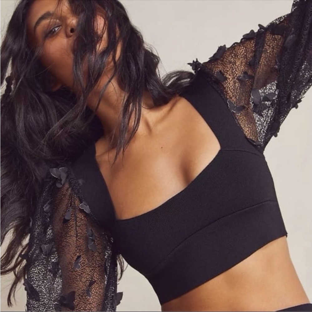 Free People Flutter By Crop Black Lace Top Sheer Sleeve Size Small - Picture 1 of 4